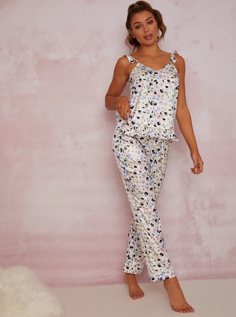 Ruffle Trim Graphic Print Pyjama Set in White sold by Chi Chi London product image thumbnail 2