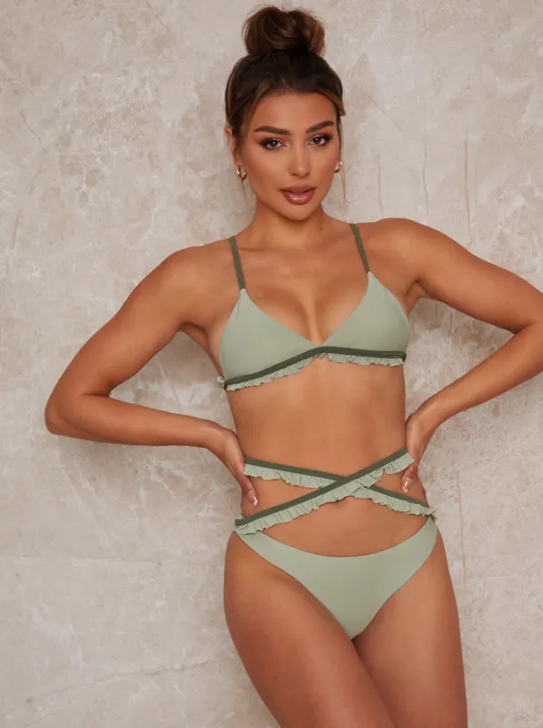 Ruffle Trim Tie Up Bikini Bottoms in Green sold by Chi Chi London