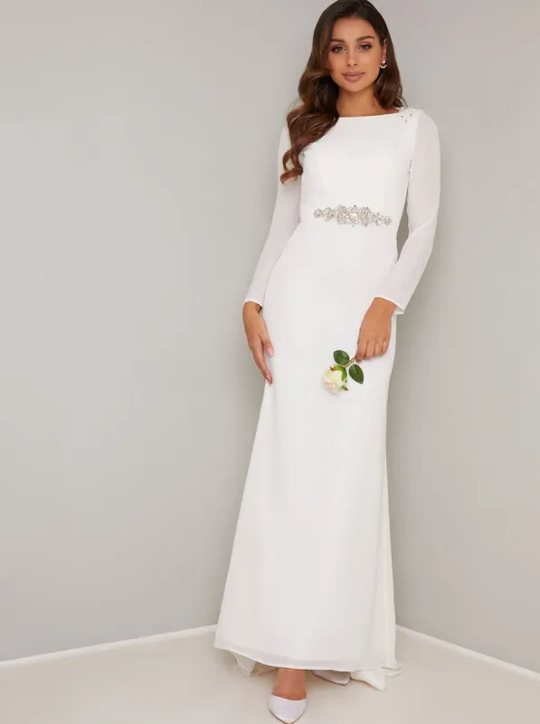Bridal Long Sleeved Maxi Dress in White sold by Chi Chi London