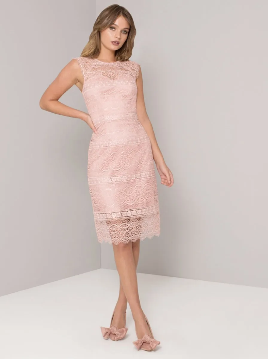 Crochet Bodycon Lace Dress in Pink sold by Chi Chi London product image thumbnail 3