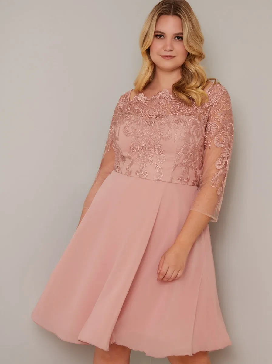 Plus Size Lace Bodice 3/4 Sleeve Midi Dress in Rose Gold sold by Chi Chi London