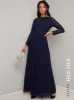 Petite Long Sleeved Lace Pleat Maxi Dress in Blue sold by Chi Chi London