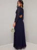 Petite Long Sleeved Lace Pleat Maxi Dress in Blue sold by Chi Chi London