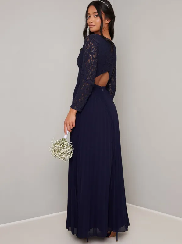 Petite Long Sleeved Lace Pleat Maxi Dress in Blue sold by Chi Chi London