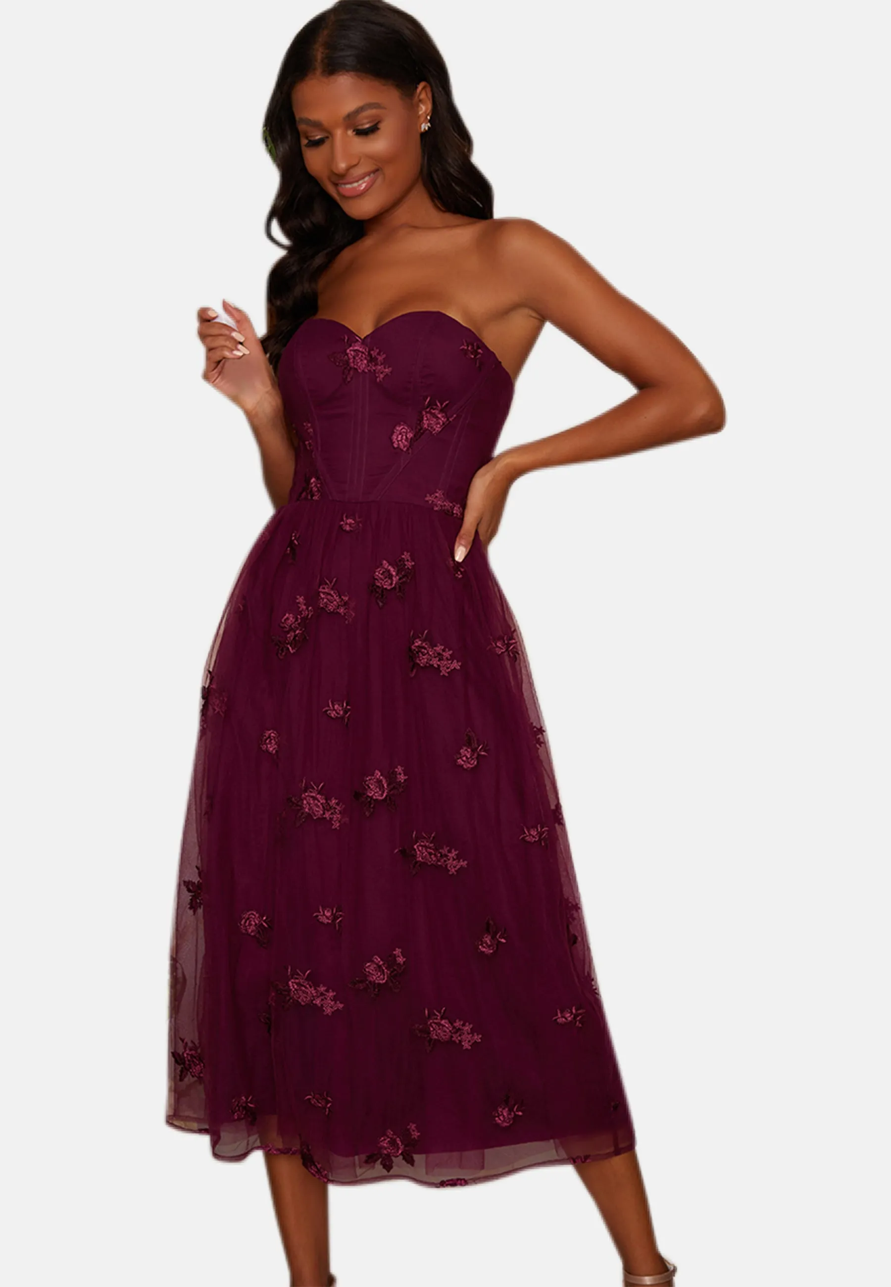 Bardot Lace Overlay Tulle Midi Dress In Burgundy sold by Chi Chi London product image thumbnail 5
