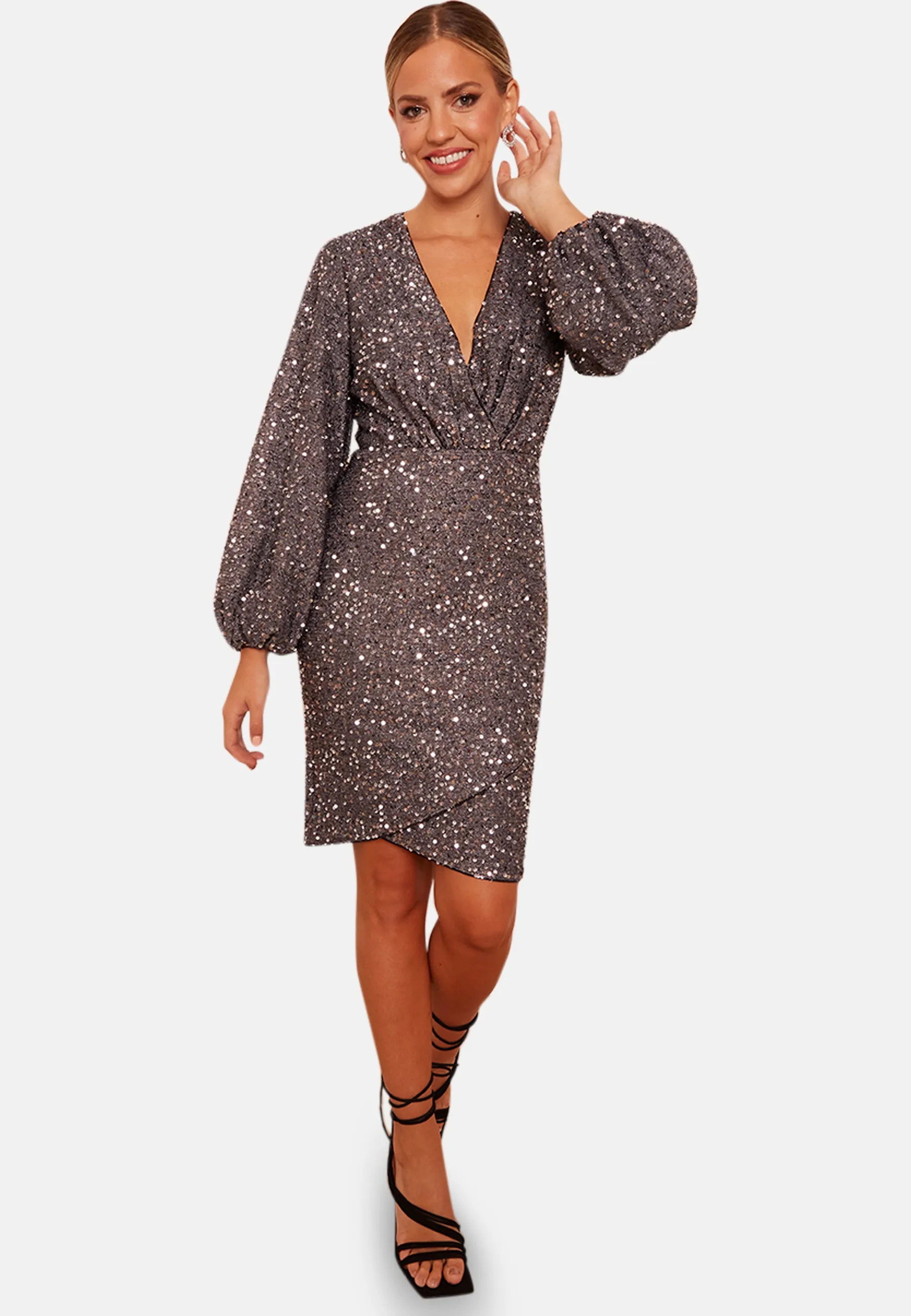 Long Sleeve Plunge Sequin Bodycon Mini Dress in Grey sold by Chi Chi London product image thumbnail 5