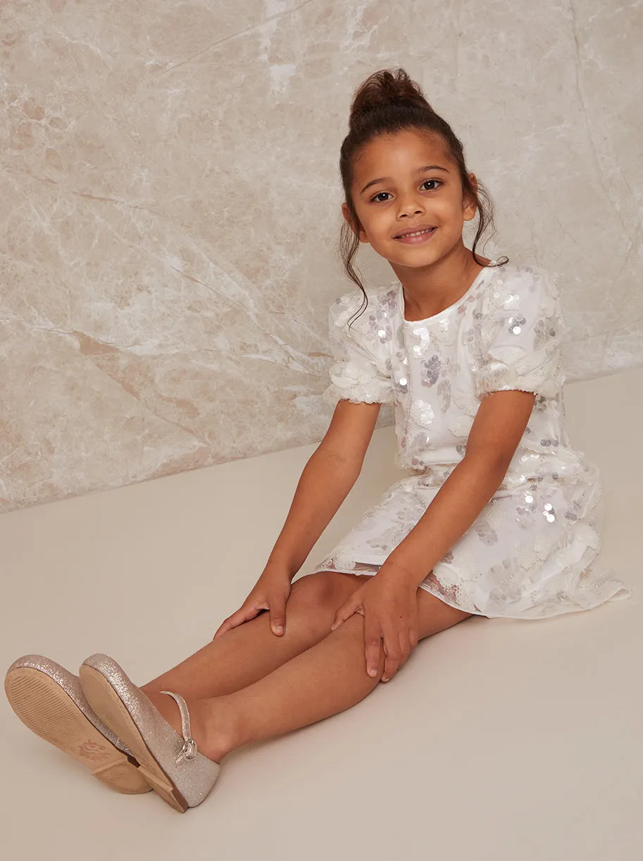 Girls Puff Sleeve Sequin Midi Dress in White sold by Chi Chi London product image thumbnail 2