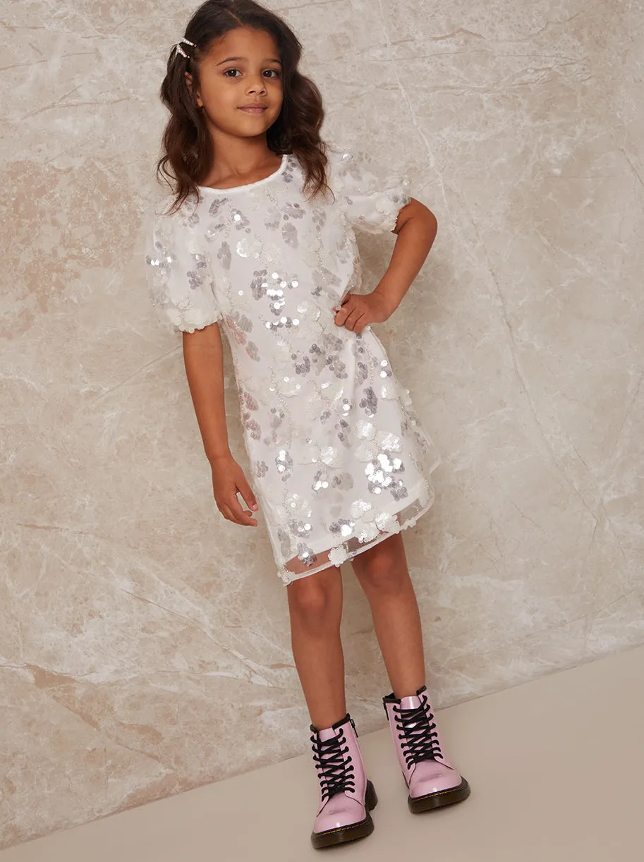 Girls Puff Sleeve Sequin Midi Dress in White sold by Chi Chi London product image thumbnail 4