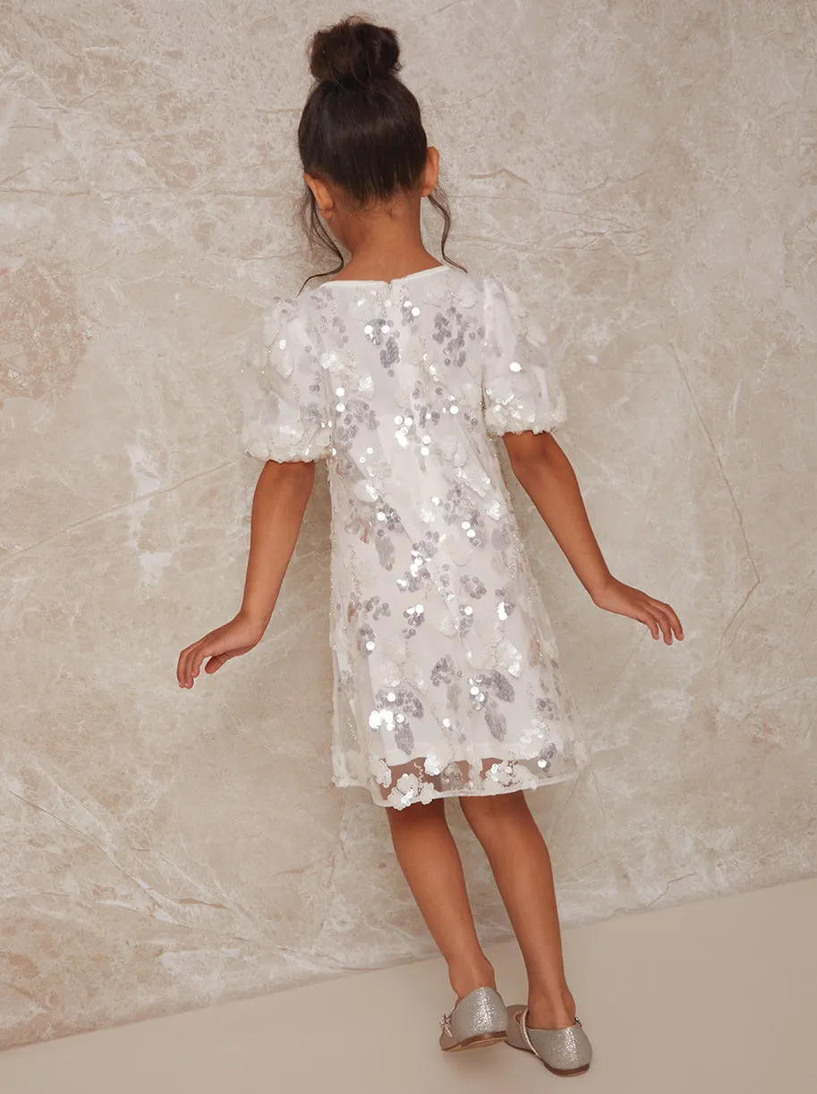 Girls Puff Sleeve Sequin Midi Dress in White sold by Chi Chi London product image thumbnail 3