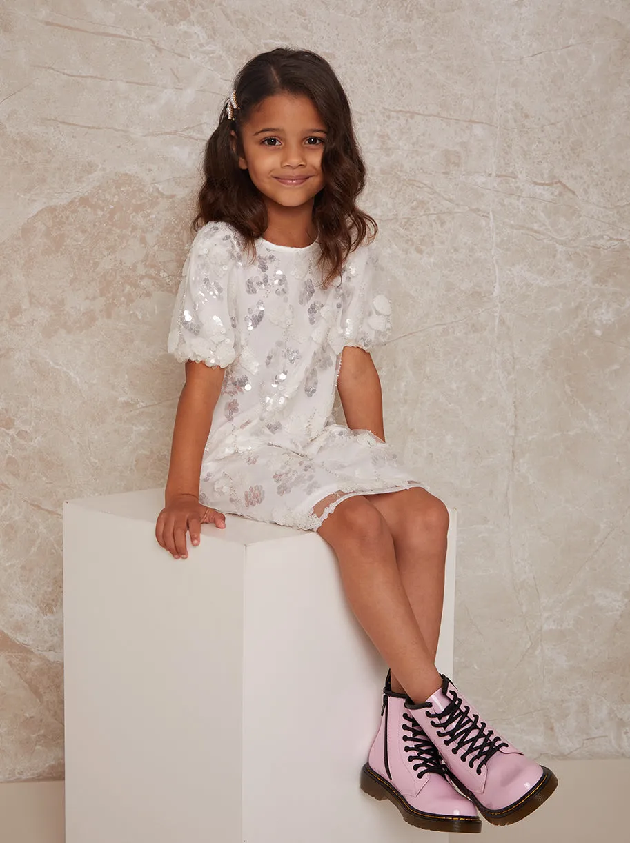Girls Puff Sleeve Sequin Midi Dress in White sold by Chi Chi London product image thumbnail 5