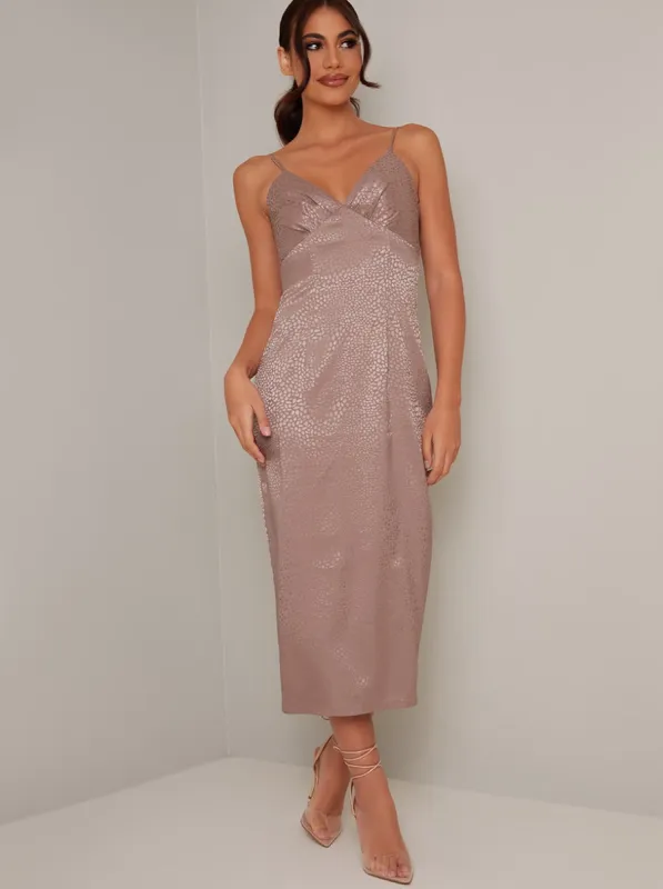 Printed Cami Strap Slip Midi Dress in Taupe sold by Chi Chi London