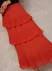 High Waist Pleated Tiered Skirt in Orange sold by Chi Chi London