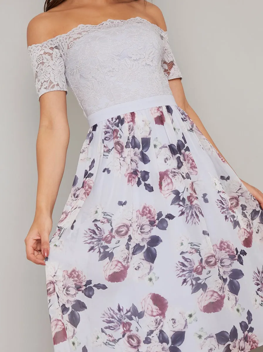 Lace Bardot Floral Print Midi Dress in Purple sold by Chi Chi London product image thumbnail 2