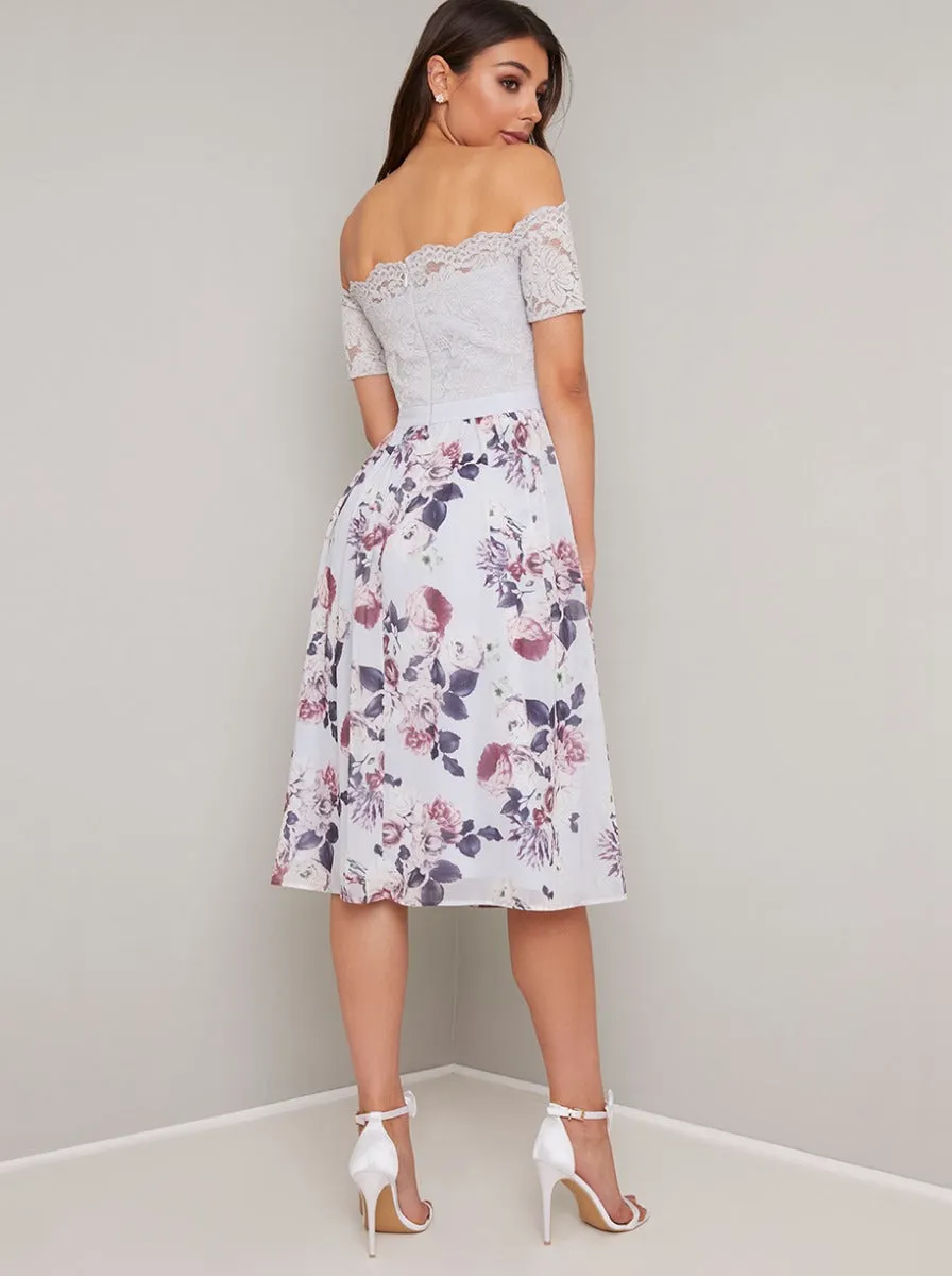 Lace Bardot Floral Print Midi Dress in Purple sold by Chi Chi London product image thumbnail 3