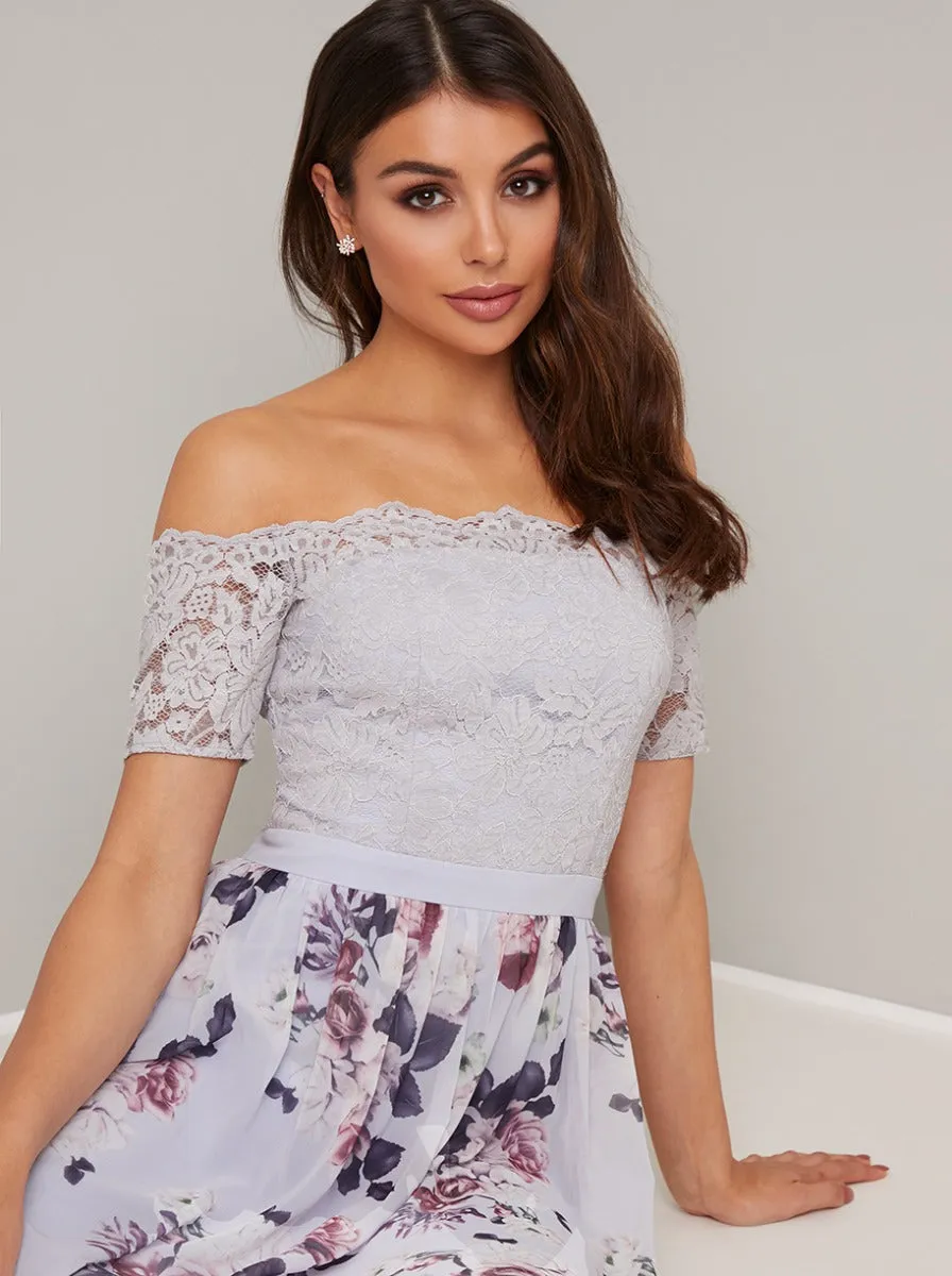 Lace Bardot Floral Print Midi Dress in Purple sold by Chi Chi London product image thumbnail 4