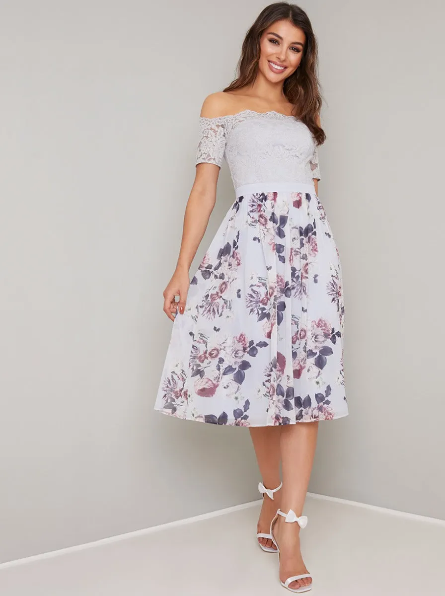 Lace Bardot Floral Print Midi Dress in Purple sold by Chi Chi London