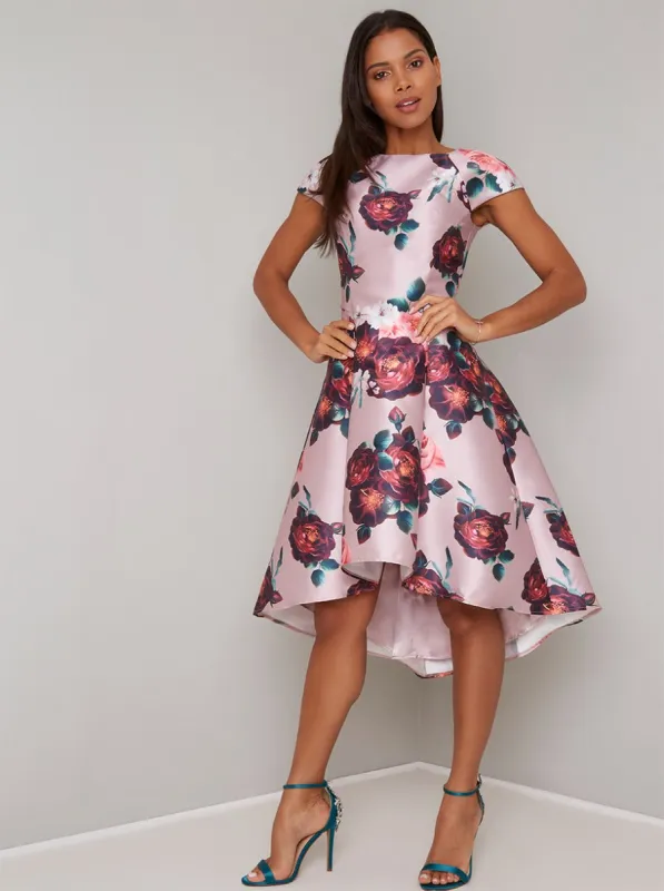 Print Dip Hem Midi Dress in Pink sold by Chi Chi London