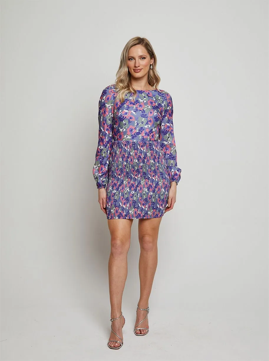 V Neck Long Sleeve Floral Mini Dress in Blue sold by Chi Chi London