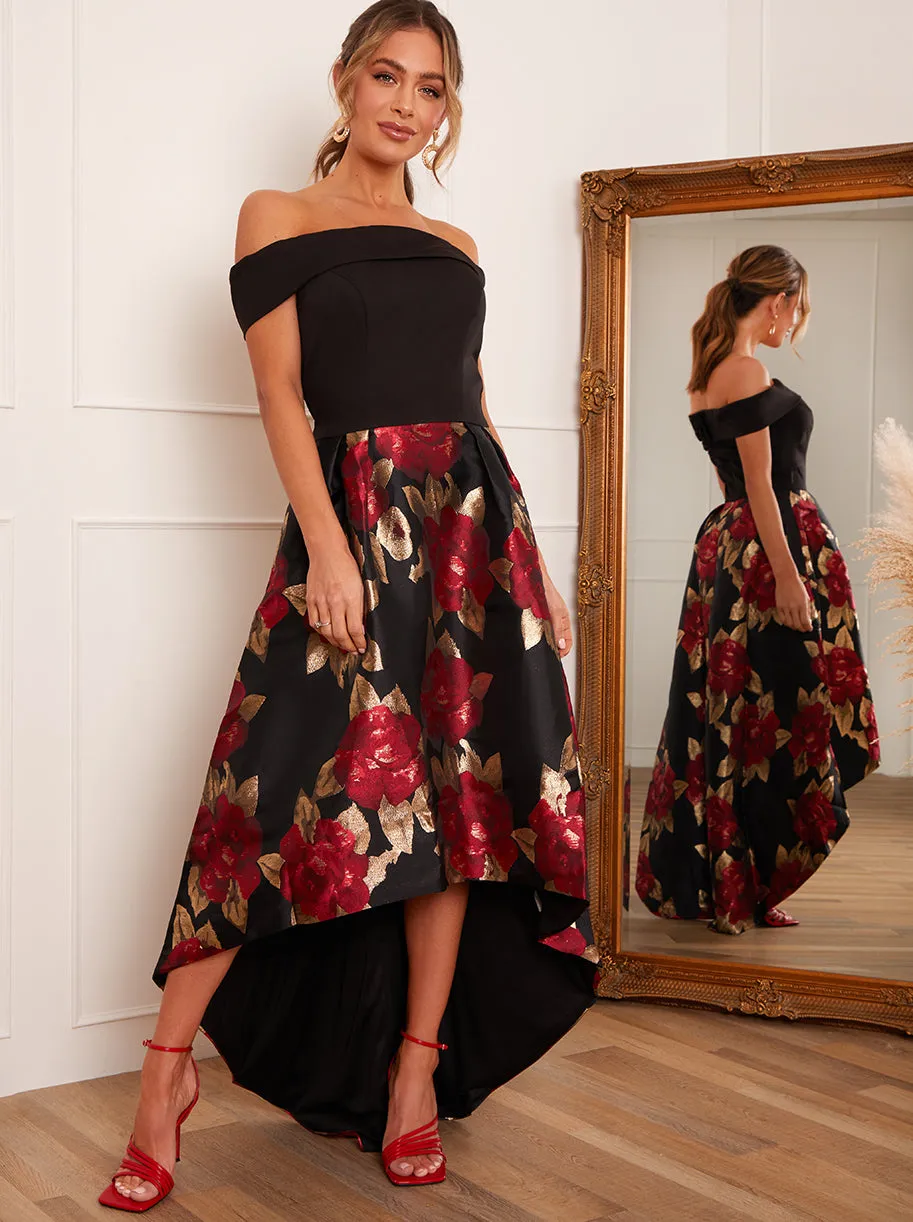 Bardot Floral Print Dip Hem Midi Dress in Black sold by Chi Chi London