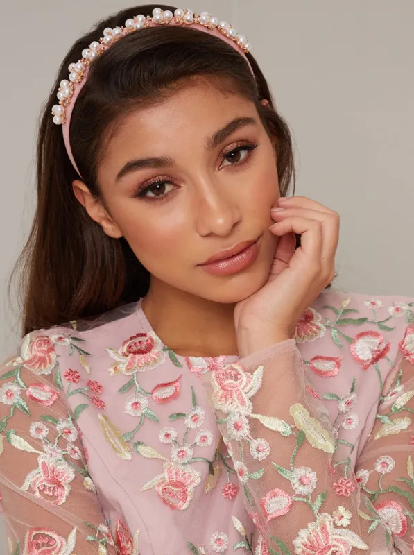 Satin Faux Pearl Headband in Pink sold by Chi Chi London