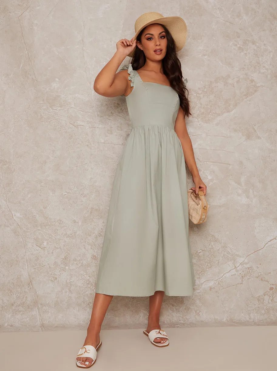 Tie Back Midi Dress with Square Neckline in Green sold by Chi Chi London