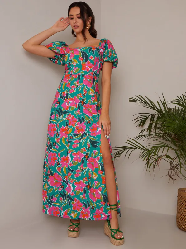 Square Neck Floral Maxi Dress in Green sold by Chi Chi London