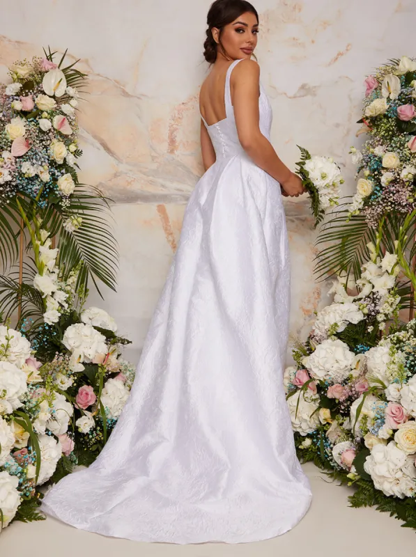 Sleeveless Jacquard Wedding Dress with Train in White made by Chi Chi London