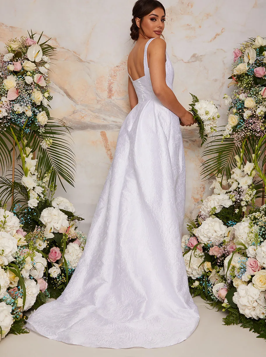 Sleeveless Jacquard Wedding Dress with Train in White sold by Chi Chi London
