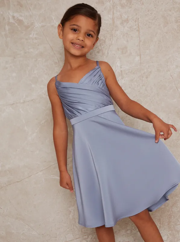 Girls Pleat Bodice Satin Finish Dress in Blue sold by Chi Chi London