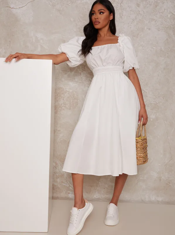 Puff Sleeve Cotton Midi Dress in White sold by Chi Chi London