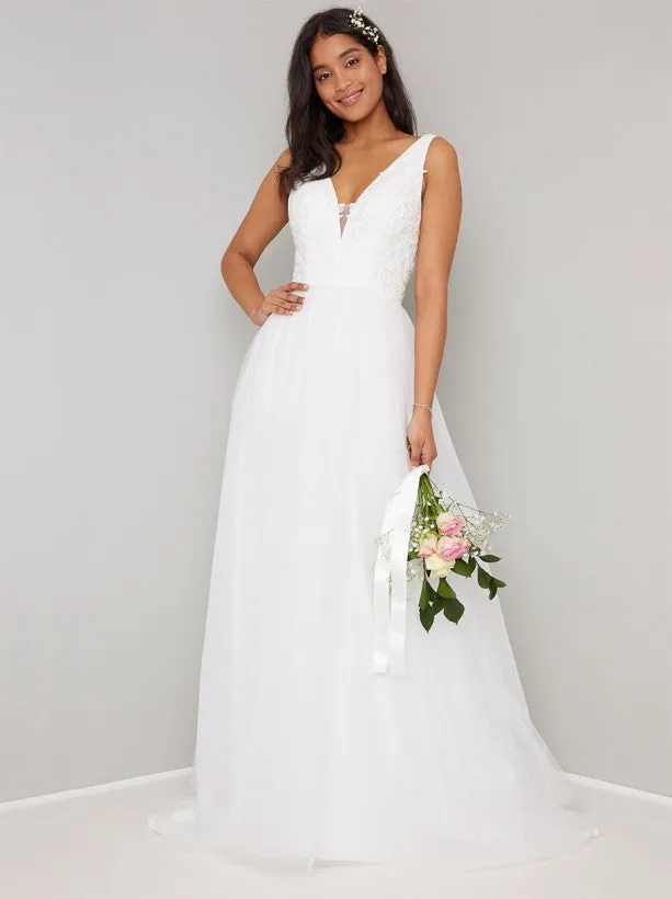 Bridal Sleeveless Lace Detail Wedding Dress in White sold by Chi Chi London