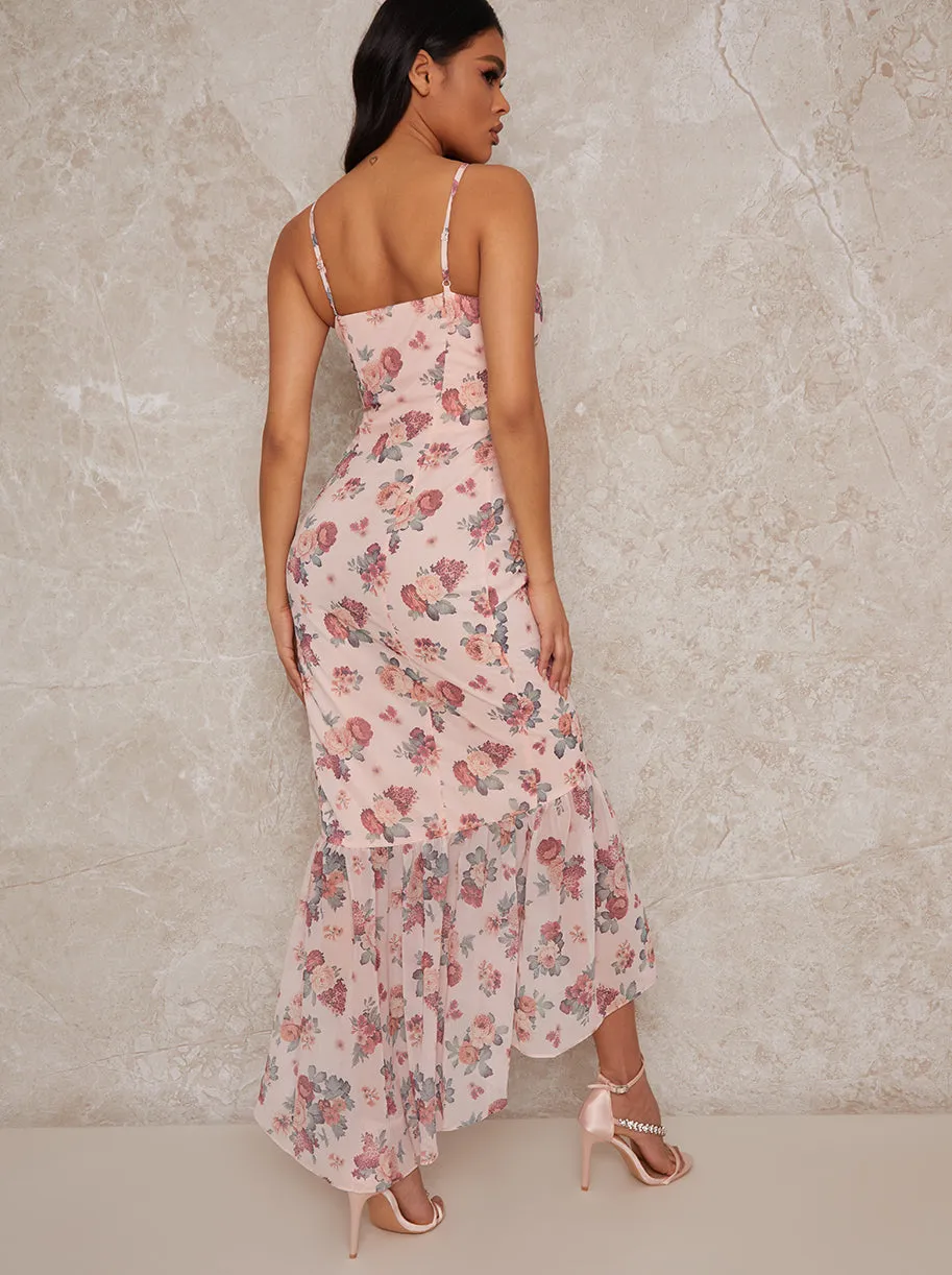 Floral Print Frill Hem Maxi Dress in Pink sold by Chi Chi London product image thumbnail 4