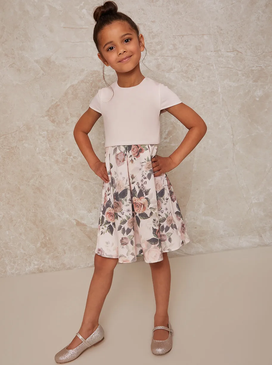 Girls Ruffle Trim Floral Print Dress in Pink sold by Chi Chi London