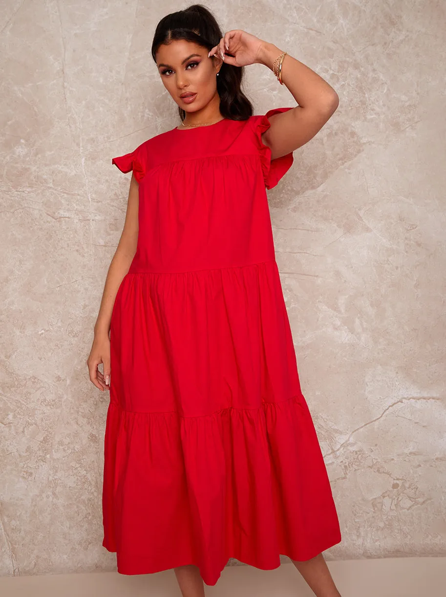 Ruffle Detail Tiered Smock Midi Dress in Red sold by Chi Chi London product image thumbnail 2