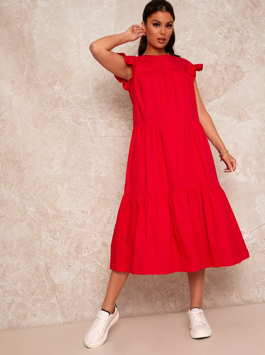 Ruffle Detail Tiered Smock Midi Dress in Red sold by Chi Chi London product image thumbnail 3