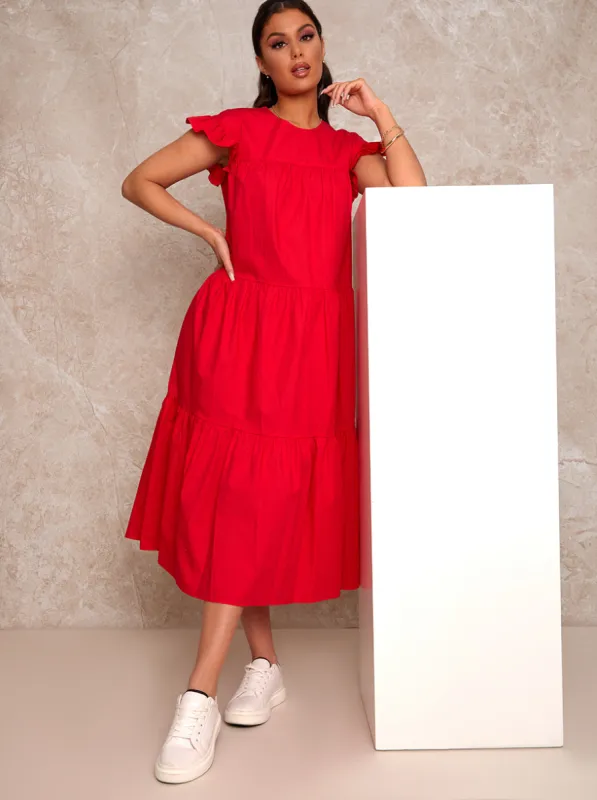 Ruffle Detail Tiered Smock Midi Dress in Red sold by Chi Chi London