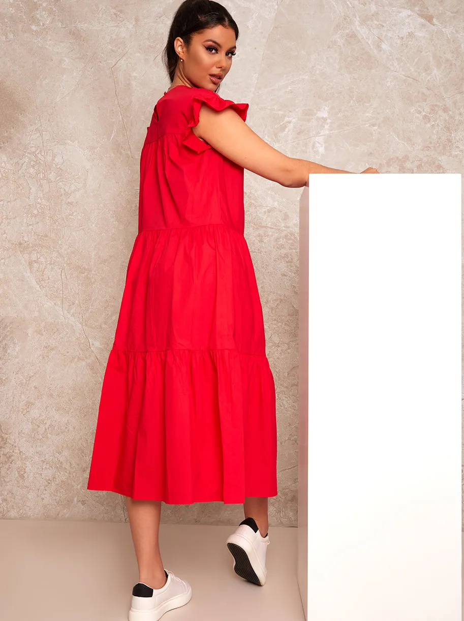 Ruffle Detail Tiered Smock Midi Dress in Red sold by Chi Chi London product image thumbnail 4