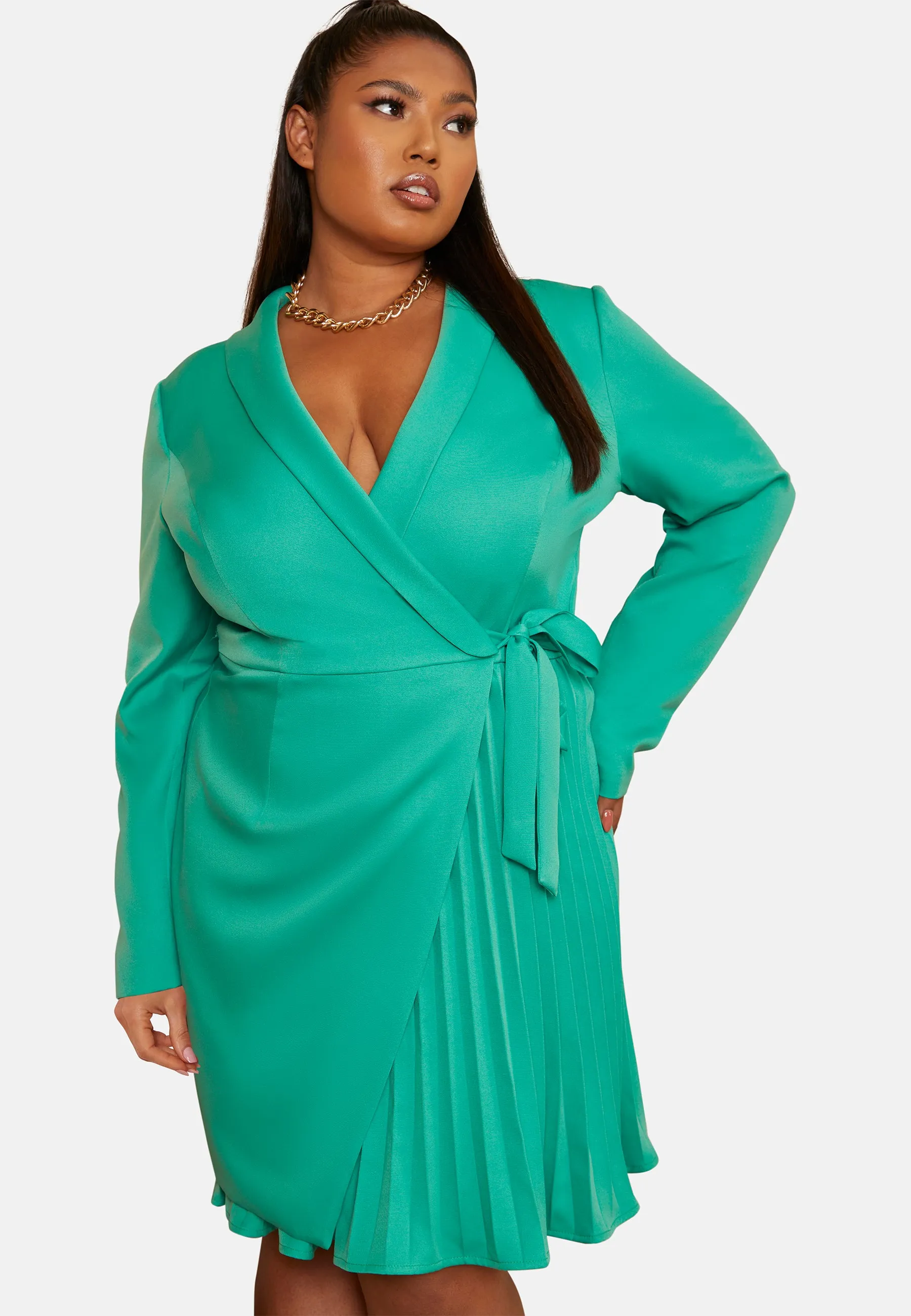 Plus Size Wrap Style Pleated Blazer Dress in Green sold by Chi Chi London product image thumbnail 5