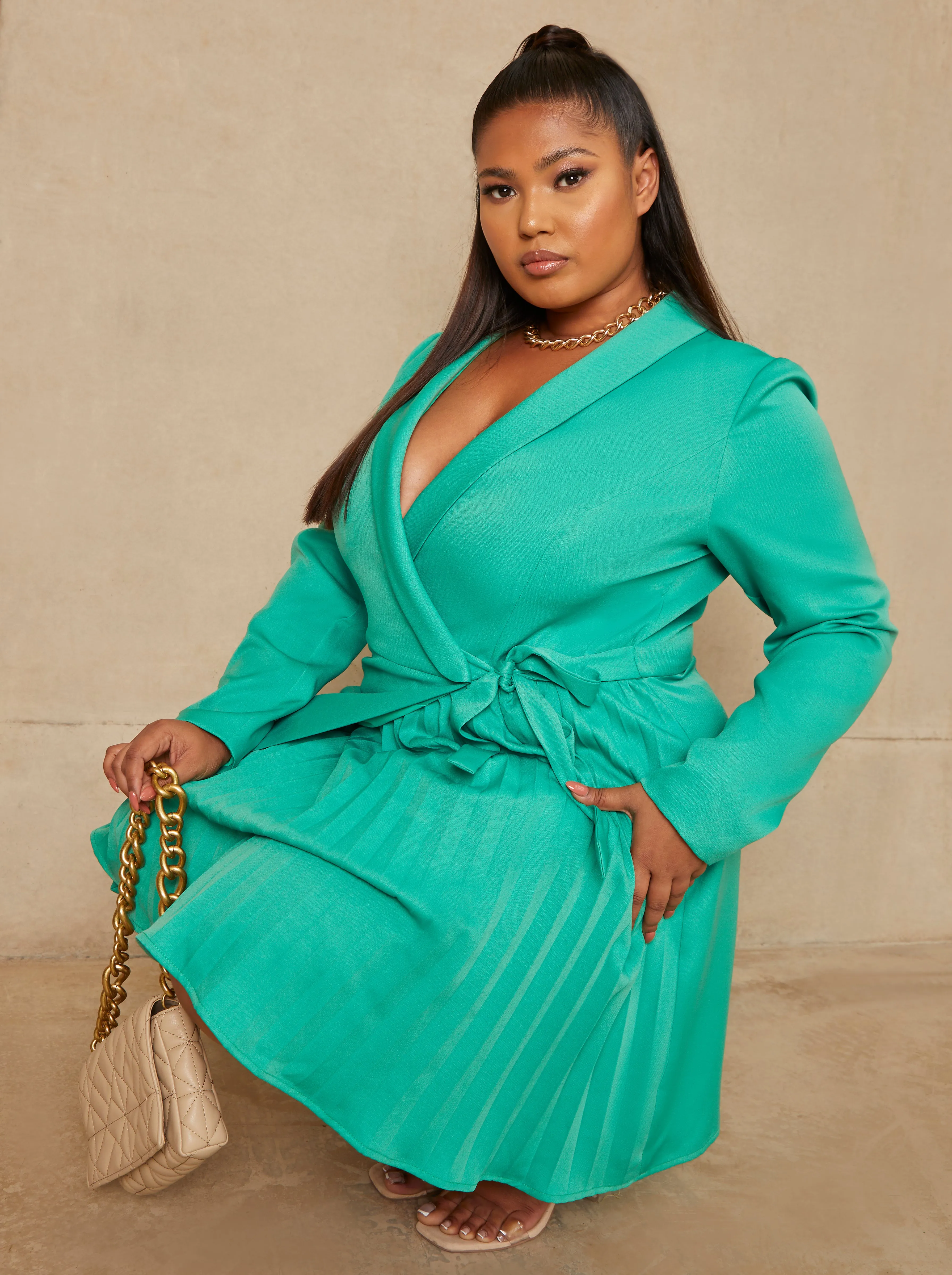 Plus Size Wrap Style Pleated Blazer Dress in Green sold by Chi Chi London product image thumbnail 4