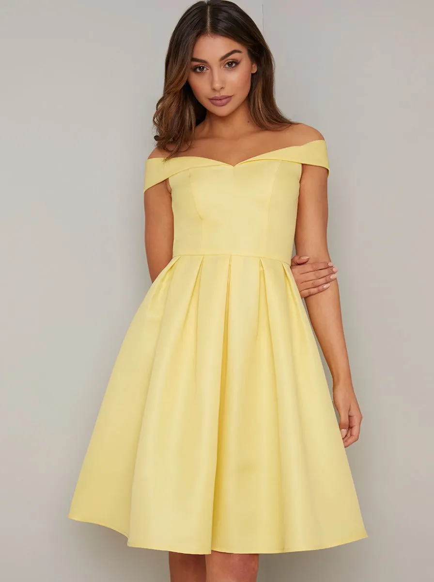 Fold-Over Bardot Pleated Midi Dress in Yellow sold by Chi Chi London product image thumbnail 4