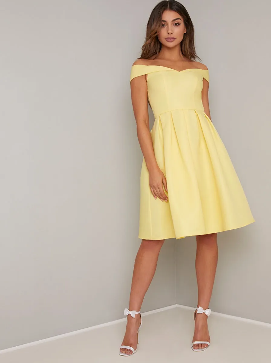 Fold-Over Bardot Pleated Midi Dress in Yellow sold by Chi Chi London