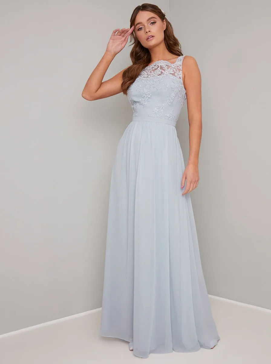 Embroidered Mesh Detailed Maxi Dress in Blue sold by Chi Chi London