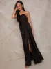 One Shoulder Satin Finish Maxi Dress in Black sold by Chi Chi London