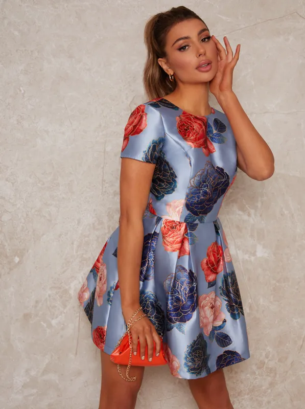 Short Sleeved Mini Floral Skater Dress in Blue sold by Chi Chi London