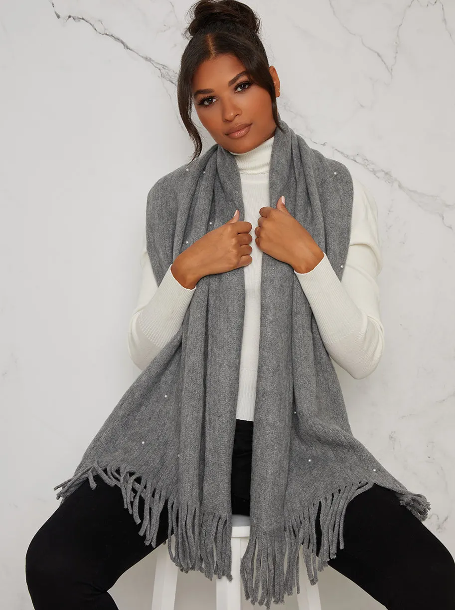 Pearl Detail Soft Knit Scarf in Grey sold by Chi Chi London product image thumbnail 2