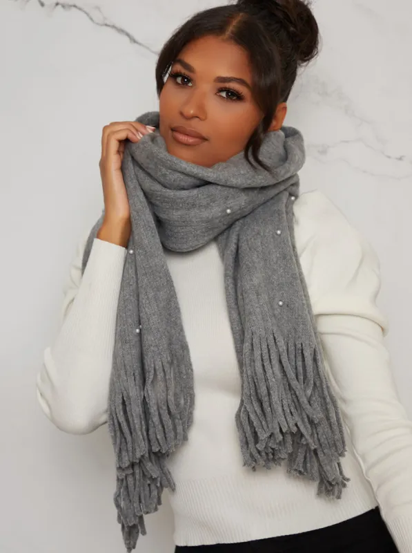 Pearl Detail Soft Knit Scarf in Grey sold by Chi Chi London