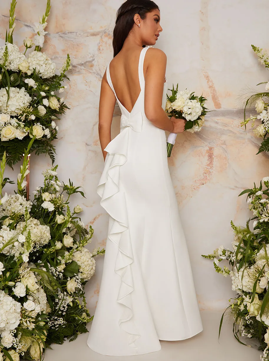 Embellished Ruffle Bow Maxi Wedding Dress in White sold by Chi Chi London
