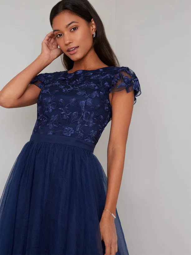 Embroidered Bodice Cap Sleeved Midi Dress in Blue sold by Chi Chi London product image thumbnail 3