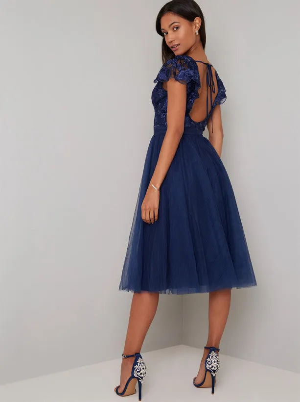 Embroidered Bodice Cap Sleeved Midi Dress in Blue sold by Chi Chi London product image thumbnail 4