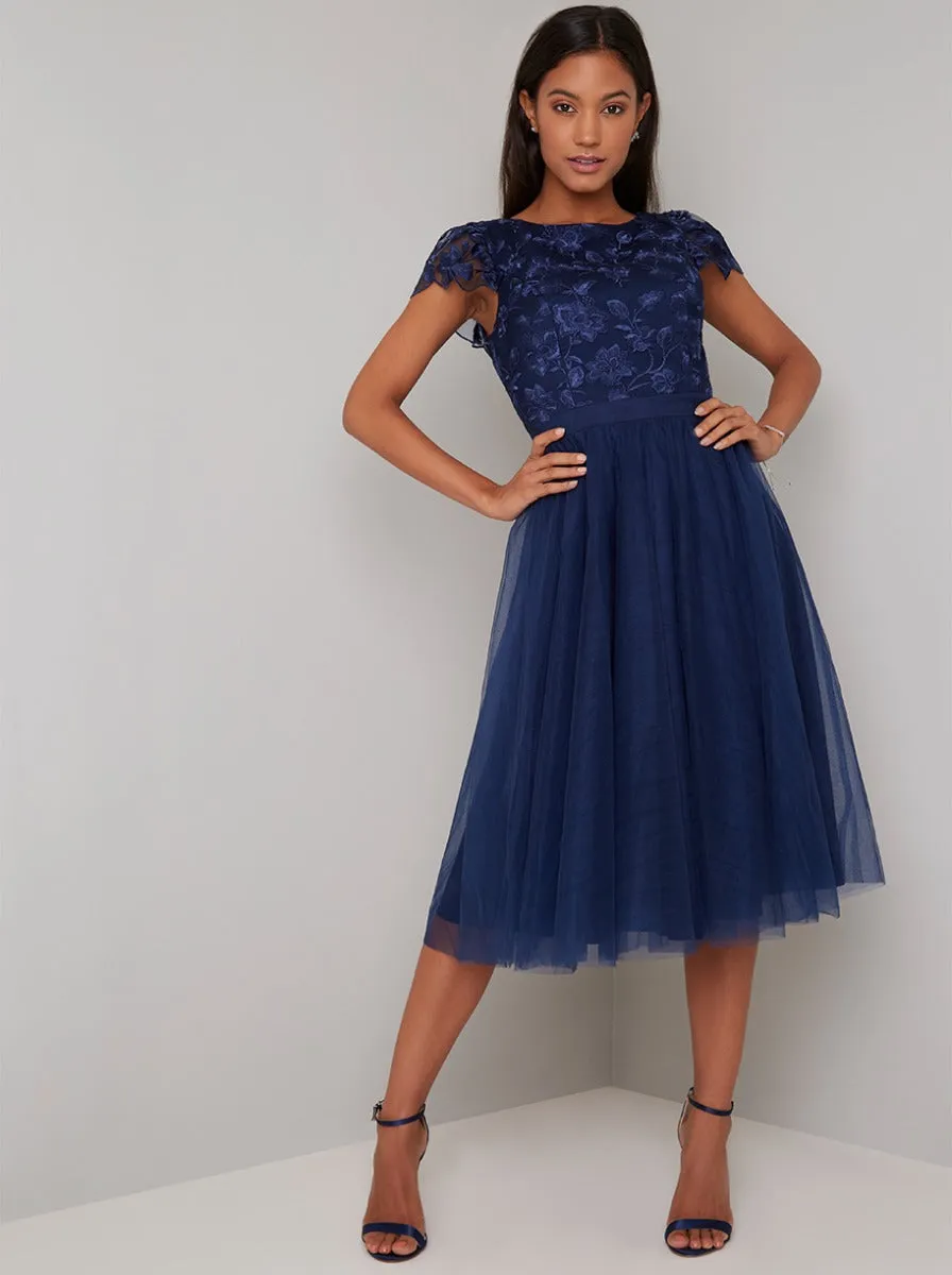 Embroidered Bodice Cap Sleeved Midi Dress in Blue sold by Chi Chi London product image thumbnail 2